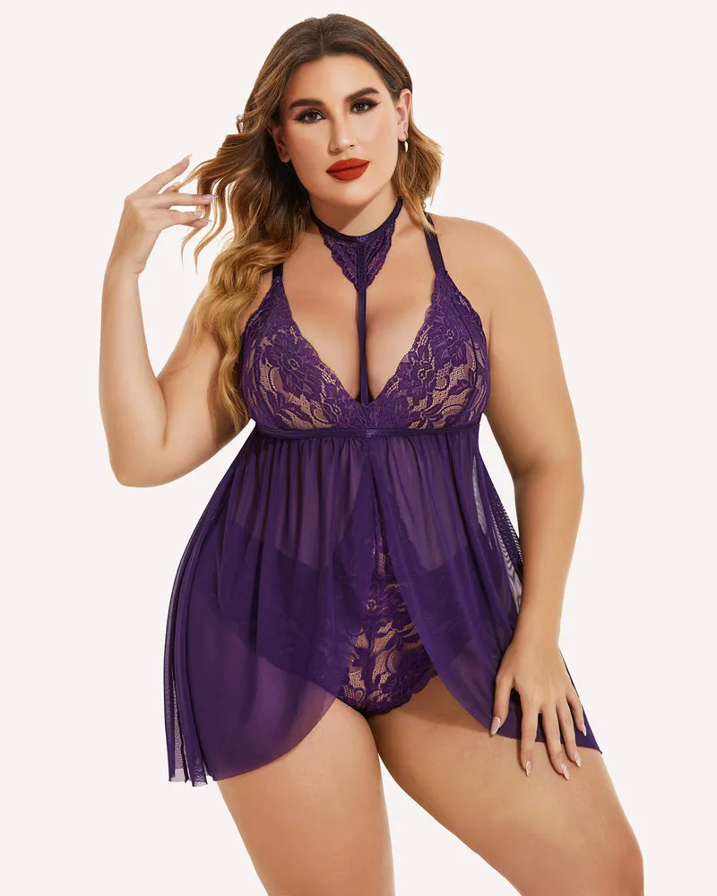 Plus Size Lace Babydoll Mesh Choker Sleepwear