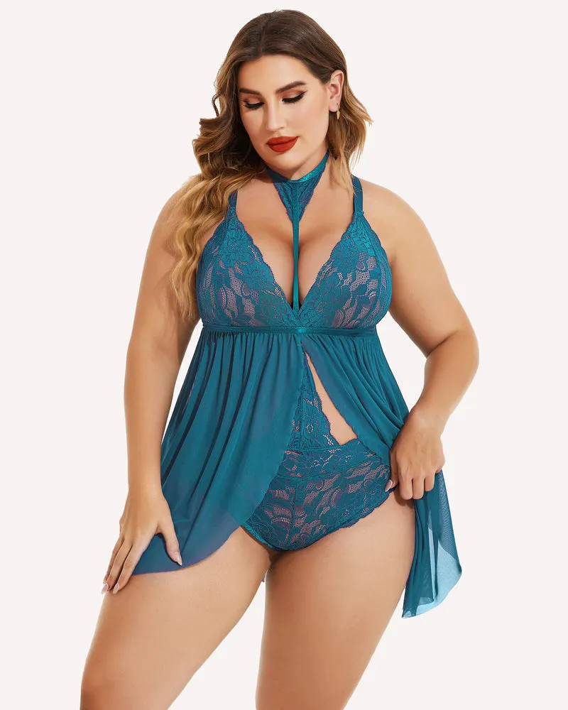 Plus Size Lace Babydoll Mesh Choker Sleepwear