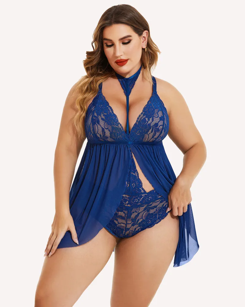 Plus Size Lace Babydoll Mesh Choker Sleepwear