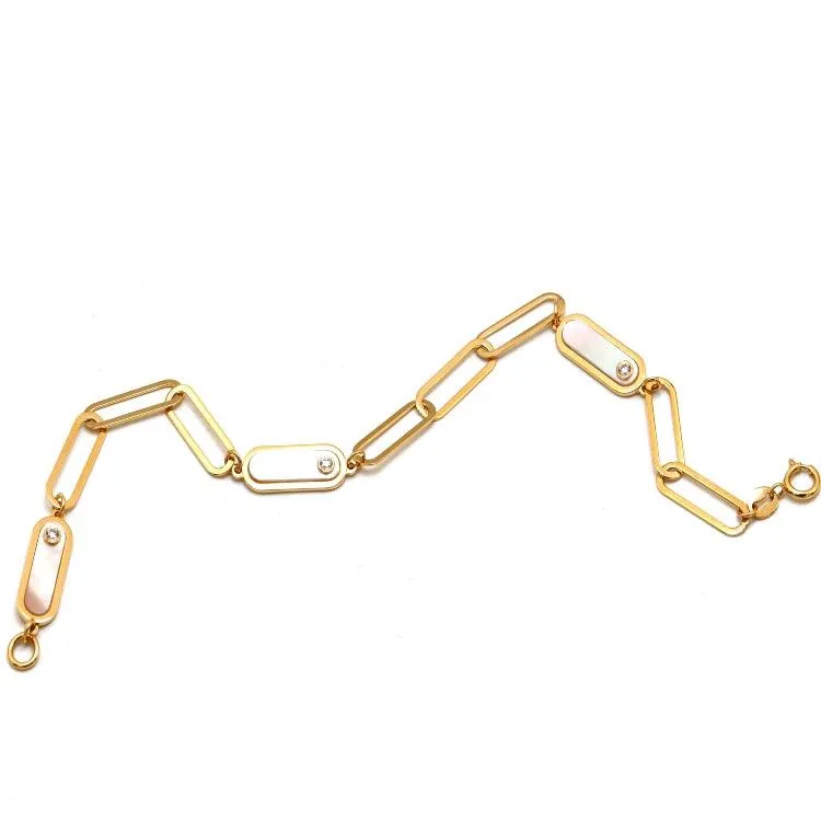 Real Gold Paper Clip Pearl Stone Bracelet (17 cm) - Model 0132 BR1697