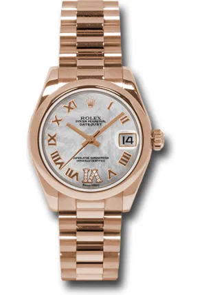 Rolex Pink Gold Datejust 31 Watch - Domed Bezel - Mother-Of-Pearl Diamond Roman Vi Roman Dial - President Bracelet 178245 mdrp