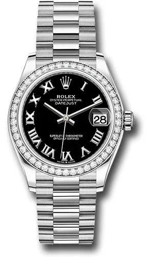 Rolex White Gold Datejust 31 Watch - Diamond Bezel - Bright Black Roman Dial - President Bracelet 278289rbr bkrp