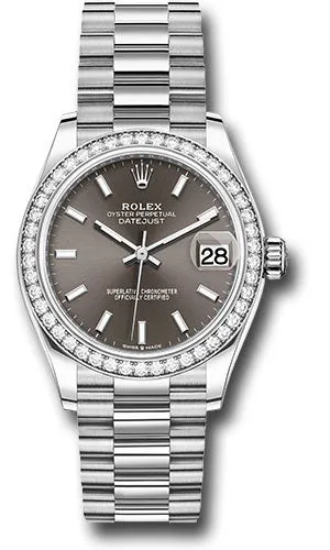 Rolex White Gold Datejust 31 Watch - Diamond Bezel - Dark Grey Index Dial - President Bracelet 278289rbr dkgip