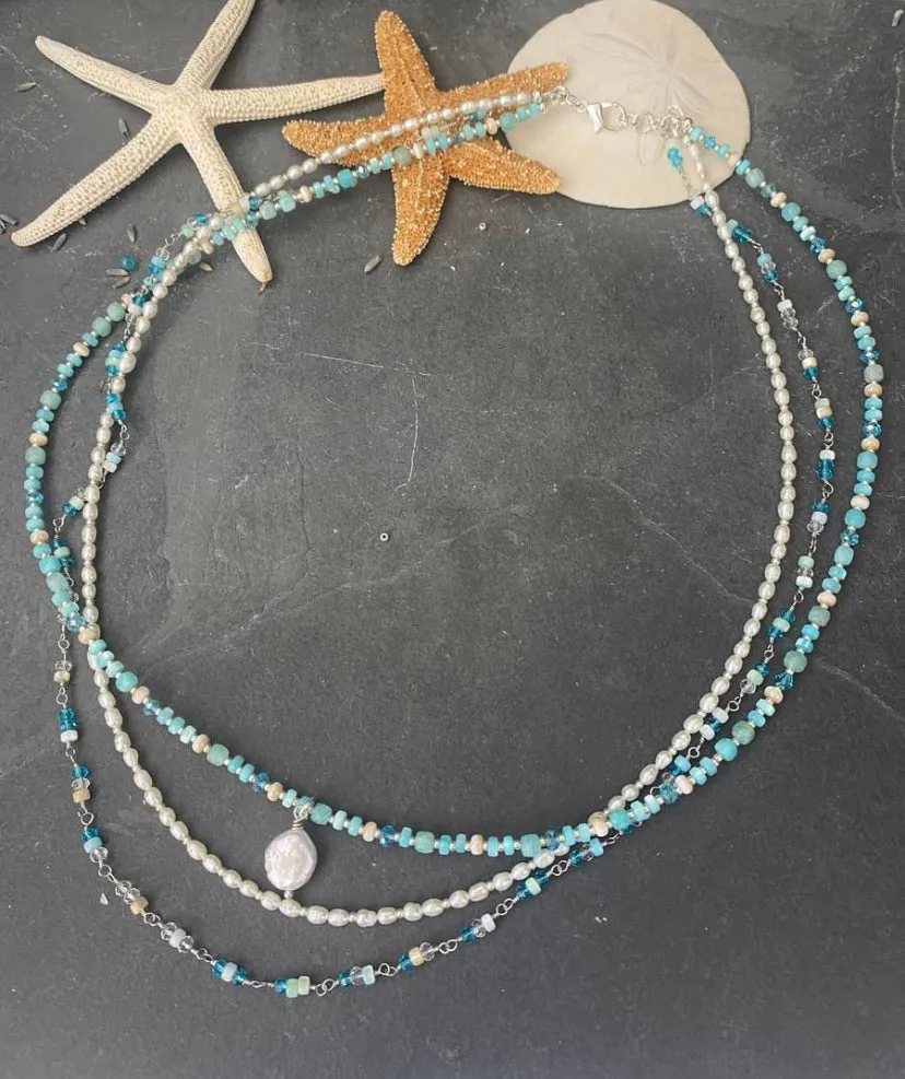 Shell chain, pearl, mother of pearl, silver metal, Amazonite stone, layered necklace.