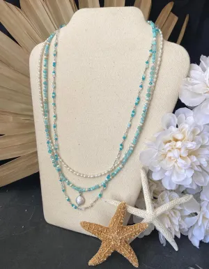 Shell chain, pearl, mother of pearl, silver metal, Amazonite stone, layered necklace.