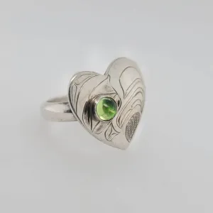 Silver and Peridot Heart Shaped Eagle Ring