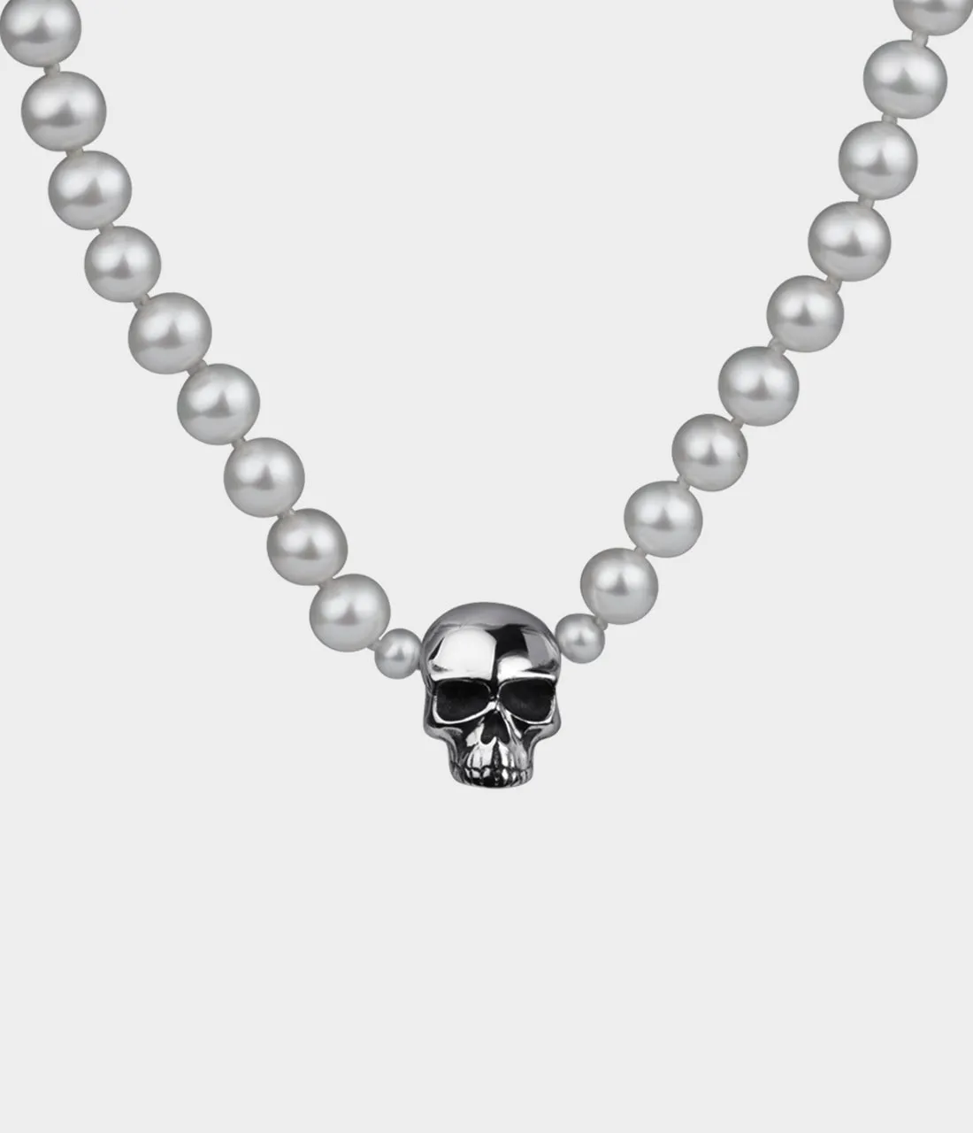 Skull & Pearl Necktie / Sterling Silver / Round Grey Pearls