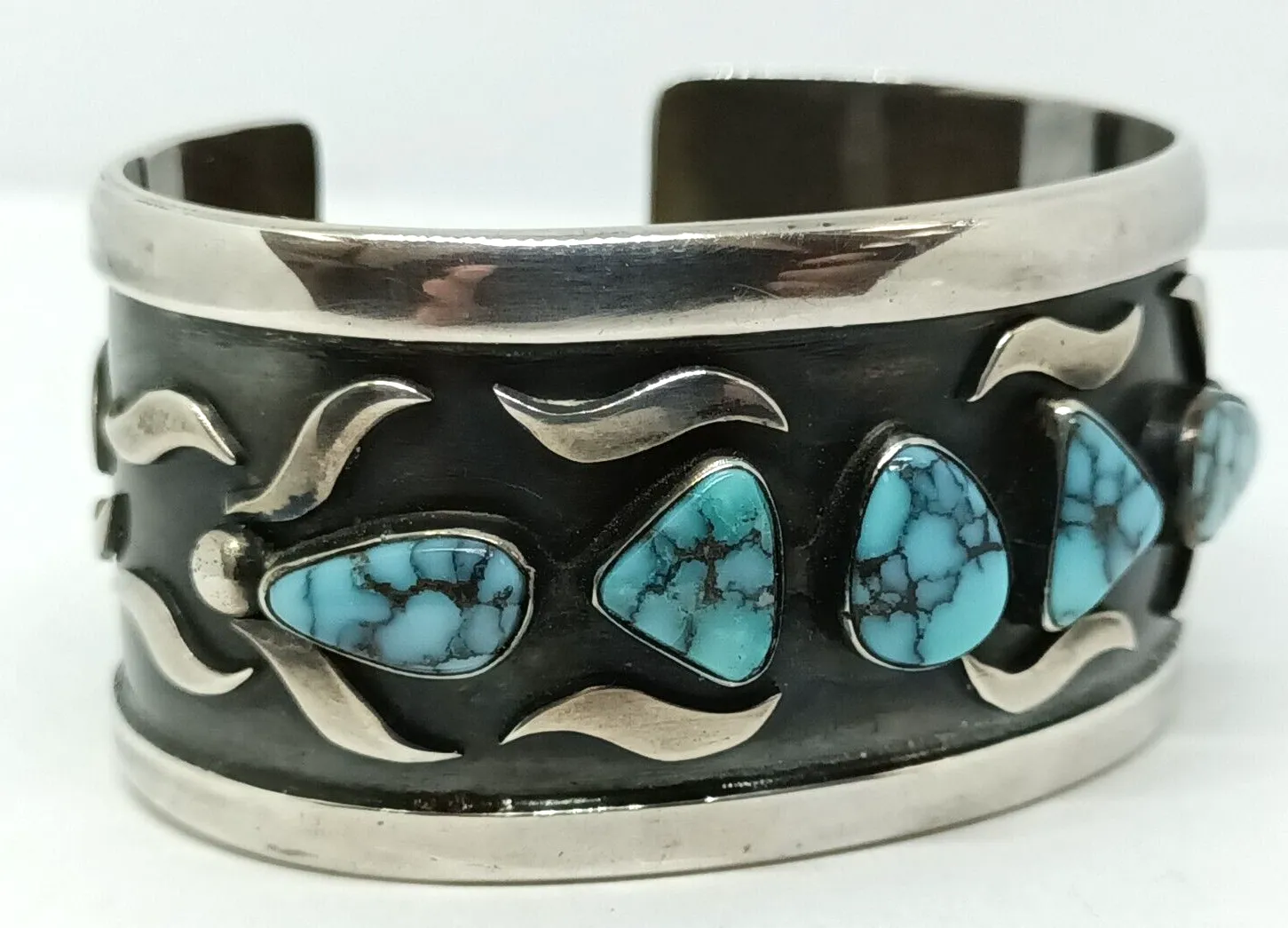 Southwest Spiderweb Turquoise & Sterling Silver Shadow Box Cuff Bracelet 5.5''