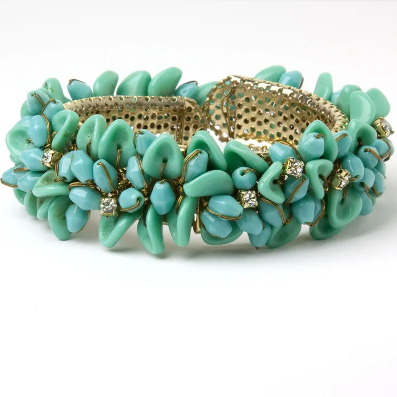 Turquoise Glass Bead & Diamanté 1950s Bracelet