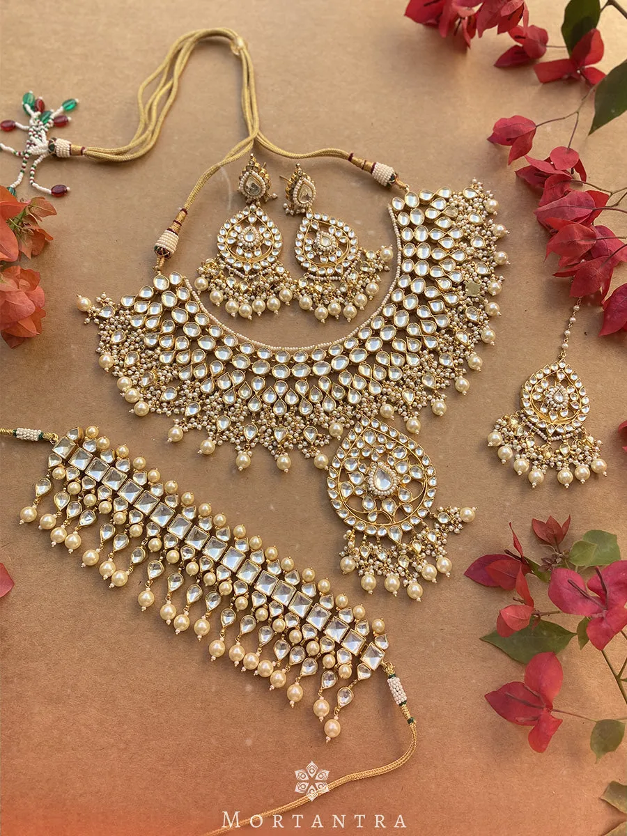 White Color Gold Plated Jadau Kundan Bridal Necklace Set - MS484