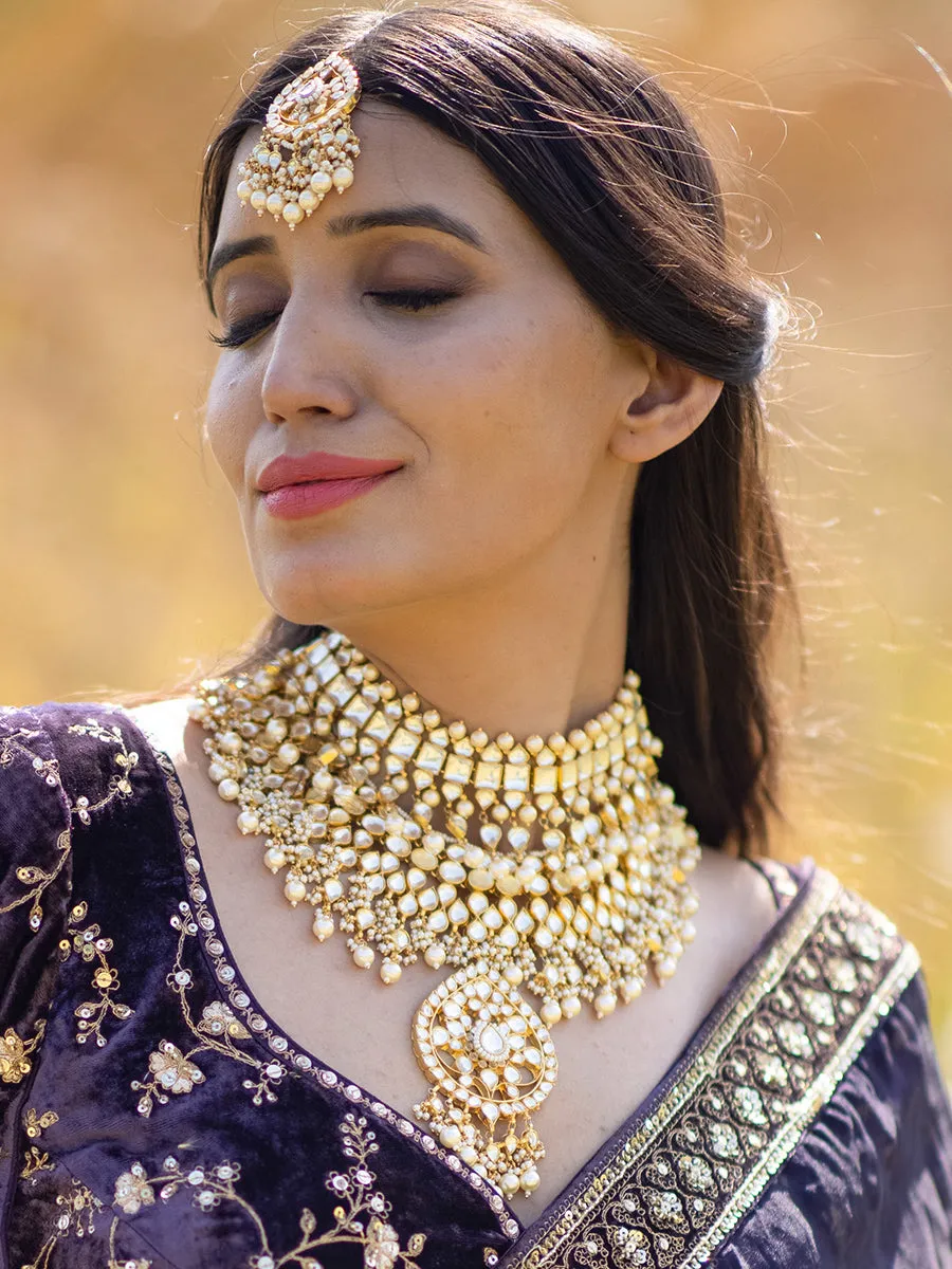 White Color Gold Plated Jadau Kundan Bridal Necklace Set - MS484