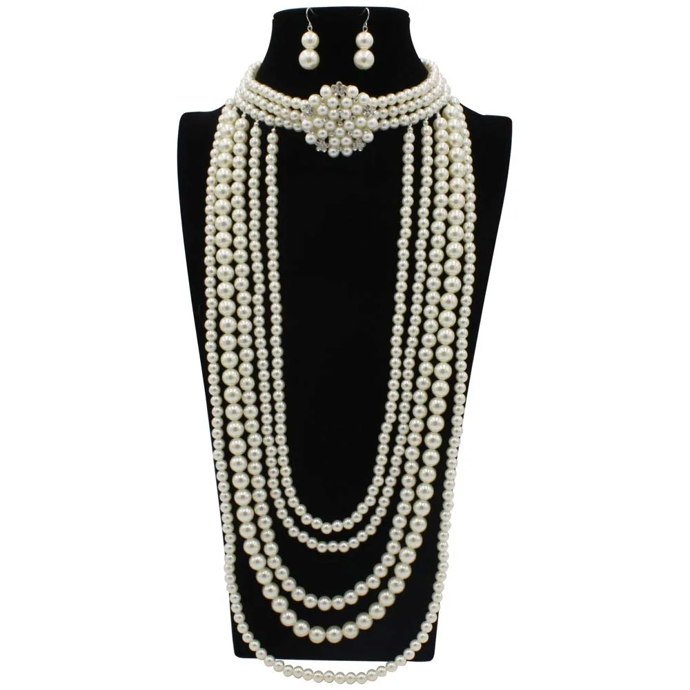 Yellow Chimes Latest Fashion White Crystal Pearls Royal Style MultiLayer Long Pearl Choker Necklace Set With Earrings Jewellery Set for Women & Girls