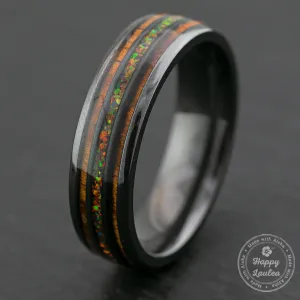 Zirconium Ring Fire Opal & Hawaiian Koa Tri-Inlay / 6mm / Dome Shape & Comfort Fitment